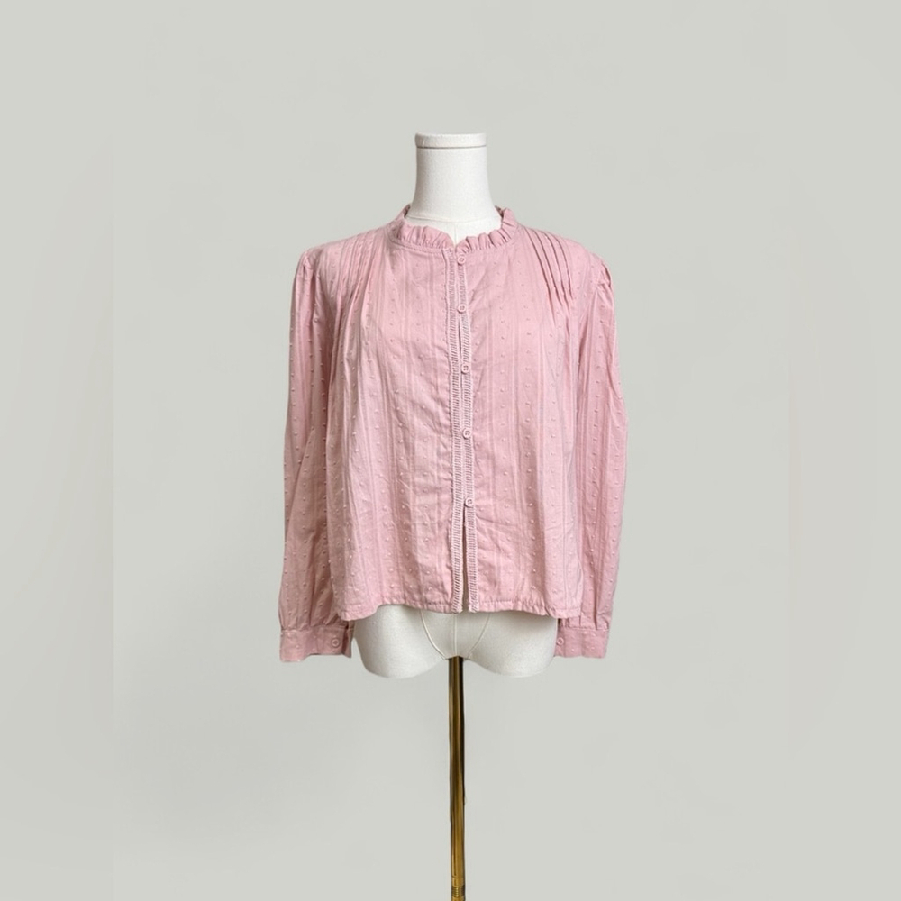 Pink Top Women Size Large Cotton Swiss Dot Pleated Ruffle Round Neckline Long - Picture 2 of 13